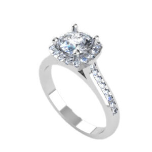 14kt White Gold Halo Ring With Cathedral Shank, Set With a 1.00ct Round Cushion Cut Diamond