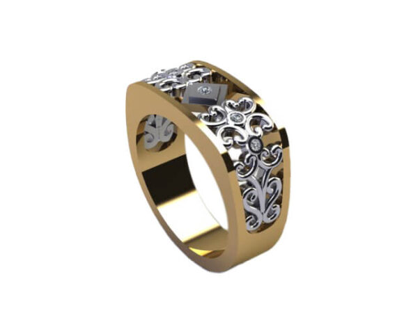 14KT TWO TONE DIAMOND FILIGREE RING WITH FIVE ROUND BRILLIANT CUT DIAMONDS