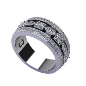 14KT WHITE GOLD DIAMOND MILGRAIN RING WITH ROUND BRILLIANT CUT DIAMONDS