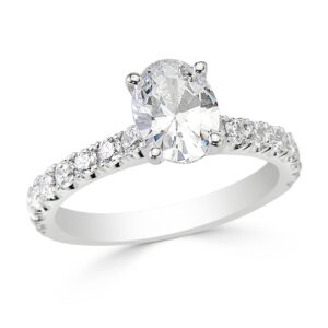 18kt White Gold Pave Set Ring With 1.00 Oval Shaped Cut Diamond In The Centre And French Pave-Set Diamonds On The Sides