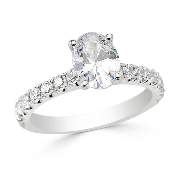18kt White Gold Pave Set Ring With 1.00 Oval Shaped Cut Diamond In The Centre And French Pave-Set Diamonds On The Sides