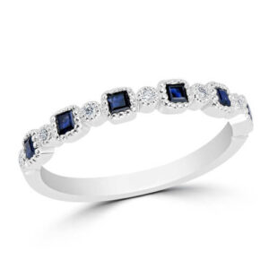 14kt White Gold Milgrained Band Set With Princess Cut Sapphires And Round Brilliant Cut Diamonds